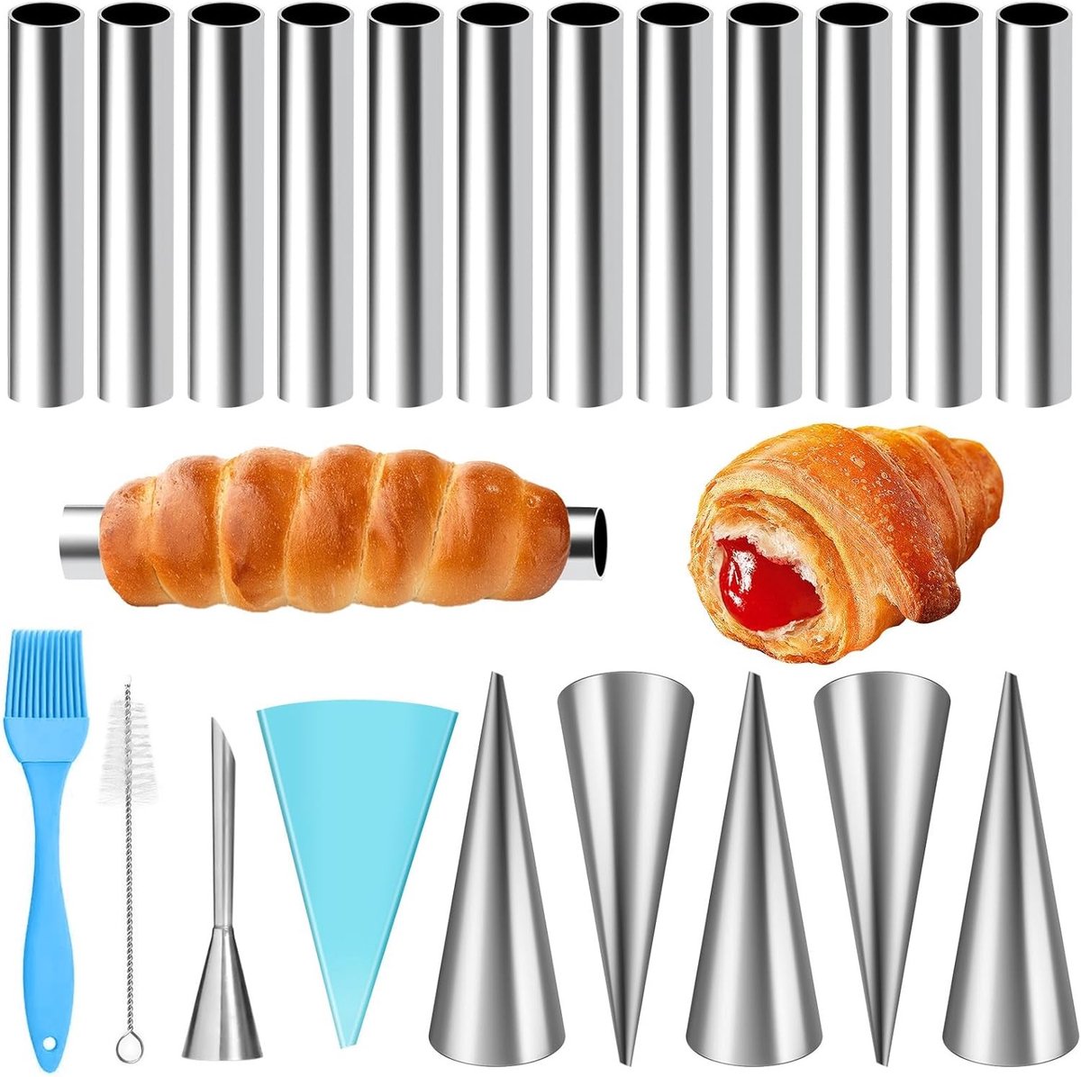 21-delige set voor het bakken van cannoli met roestvrijstalen mallen, inclusief schoonmaakborstel en spuitzak voor perfecte cannoli en peeler curls