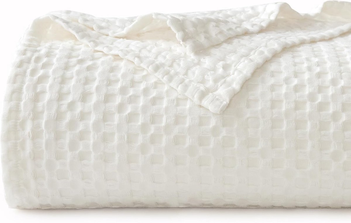 SnelShoppen - 100% Katoenen Deken 220x240 cm - Wafelpiqué, Zacht en Ademend - Oeko-Tex® Gecertificeerd - Licht, Wit, Geschikt als Bankovertrek, Bedspr