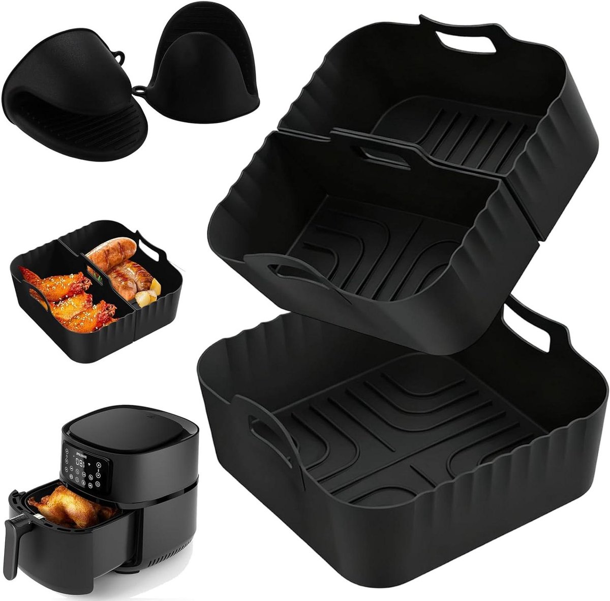 Airfryer Siliconen Vorm - Bakvorm Set - Koken & Bakken - Inclusief Ovenwanten - 3 Stuks 6.2L - Zwart