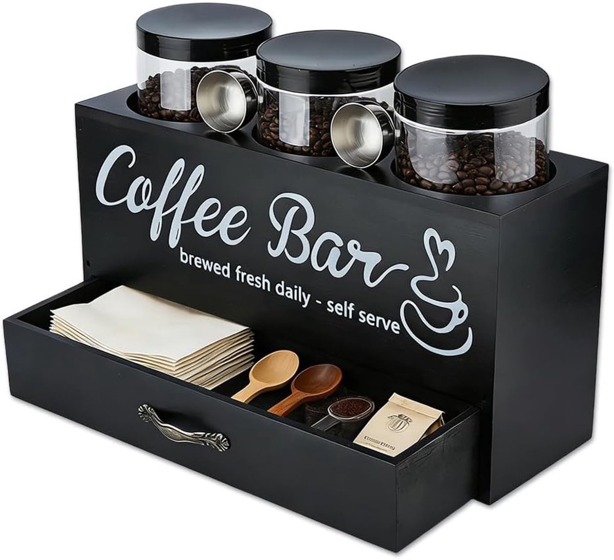 Koffiecontainer met Plank en Lade voor Koffiebonen, Suiker en Noten - Ideaal voor Keuken en Koffiebar, 1 stuk