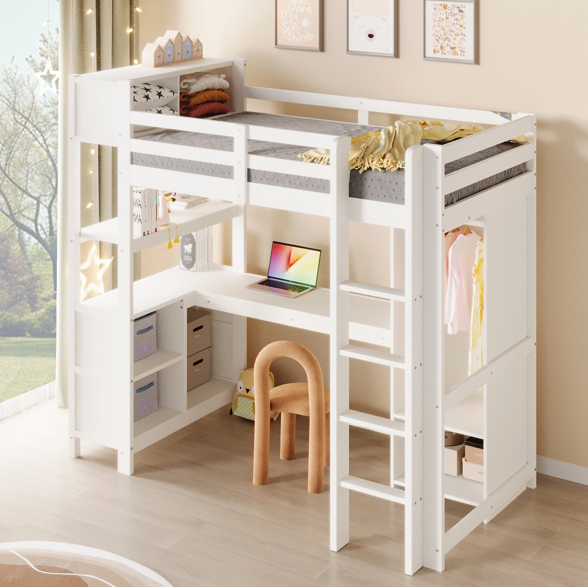DESMIU Hoogslaper 90x200 cm – Met Bureau, Open Regalen En Kledingkast – Ruimtebesparend Ontwerp Met Opbergruimte – Voor Kinderen – Hout En MDF – Wit – Zonder Matras