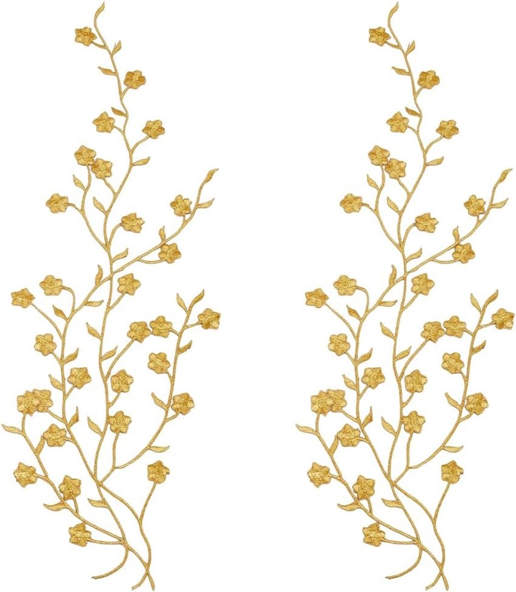 2-delige katoenen gouden borduurkant bloemen applicaties voor kleding, ambachten en bruidsmode, ideaal voor versieringen en kostuums