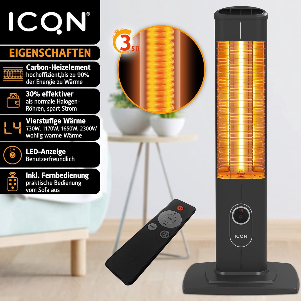 Staande Kachel - Infrarood Straler - Buiten Verwarmen - Afstandsbediening Timer - 2300 Watt - Zwart – foto 4