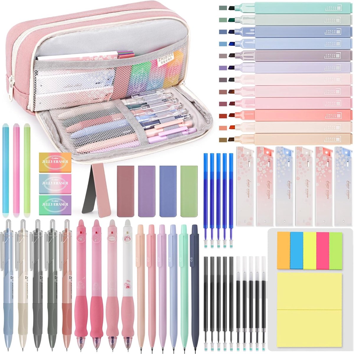 SnelShoppen - 61 Stuks Schoolaccessoires Set met Etui, 12 Pastel Markeerstiften, 4 Uitwisbare Stiften, 5 Gelpennen, 6 Vulpotloden voor Scholieren, Bac