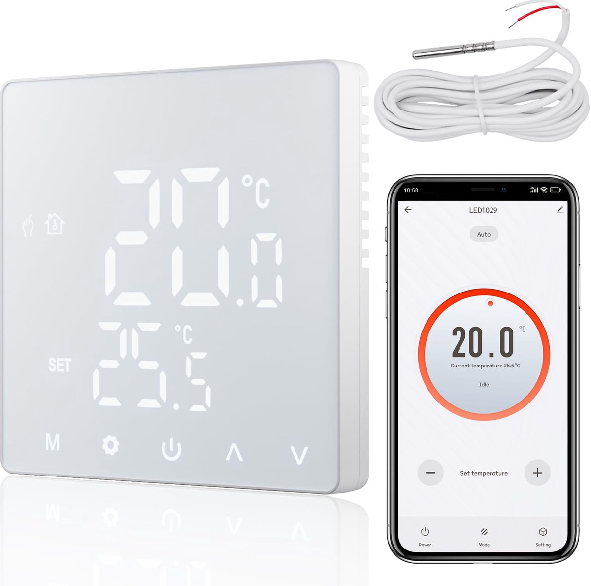 SnelShoppen - Smart Inbouwthermostaat met Sensor, Digitale Kamerthermostaat voor Elektrische Verwarming, Compatibel met Alexa en Google Assistant, Spr