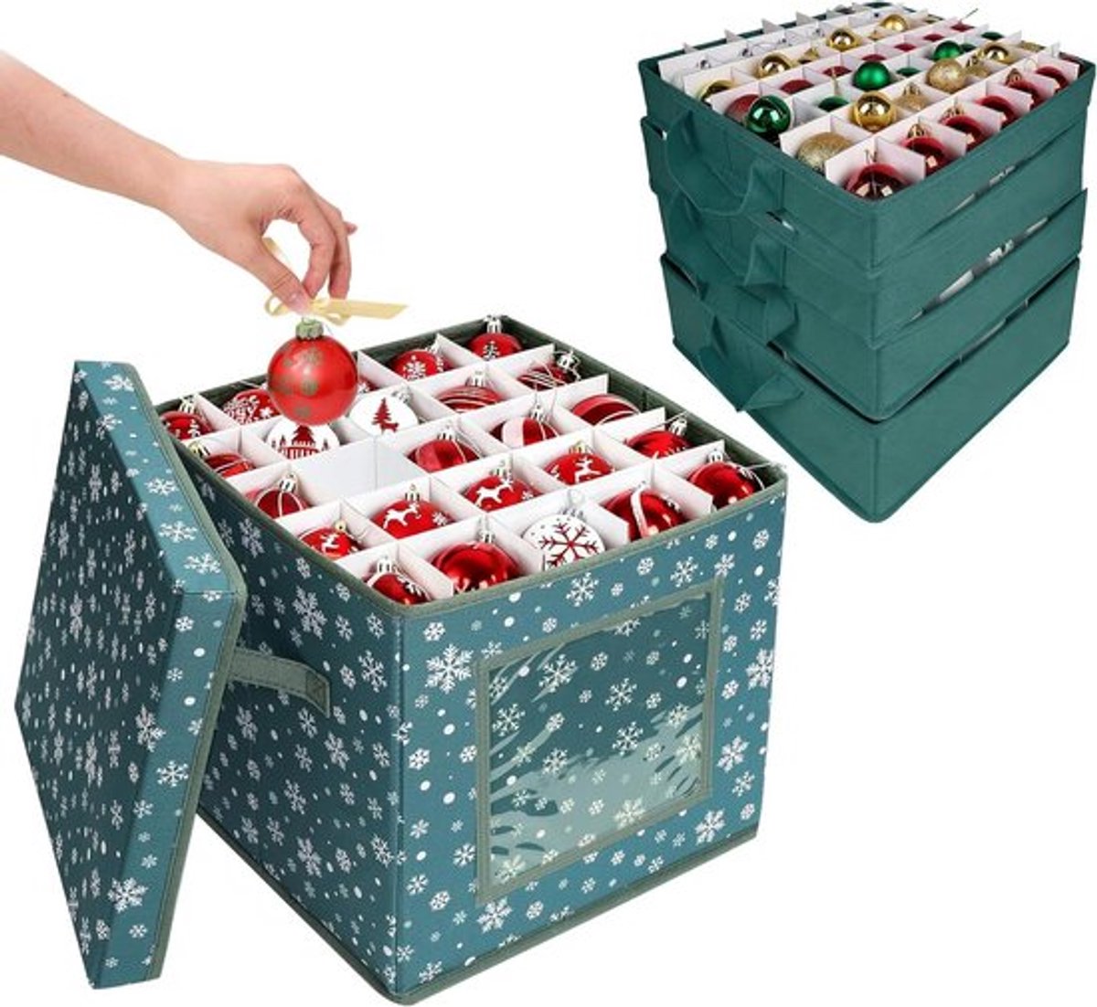 Groene opbergdoos voor kerstballen - 83 stuks - Kerstballen-organizer - Met 4 niveaus - Handgrepen - Sneeuwvlok design - Sorteerdoos