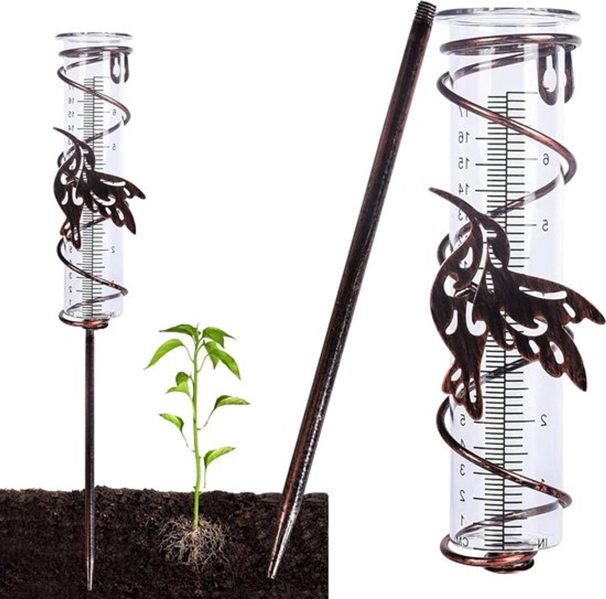 Grote Capaciteit Glazen Regenmeter met Metalen Houder en Vogeldecoratie voor Tuin en Patio, Verwijderbare Regenmeter voor Tuinieren en Landschapsarchitectuur