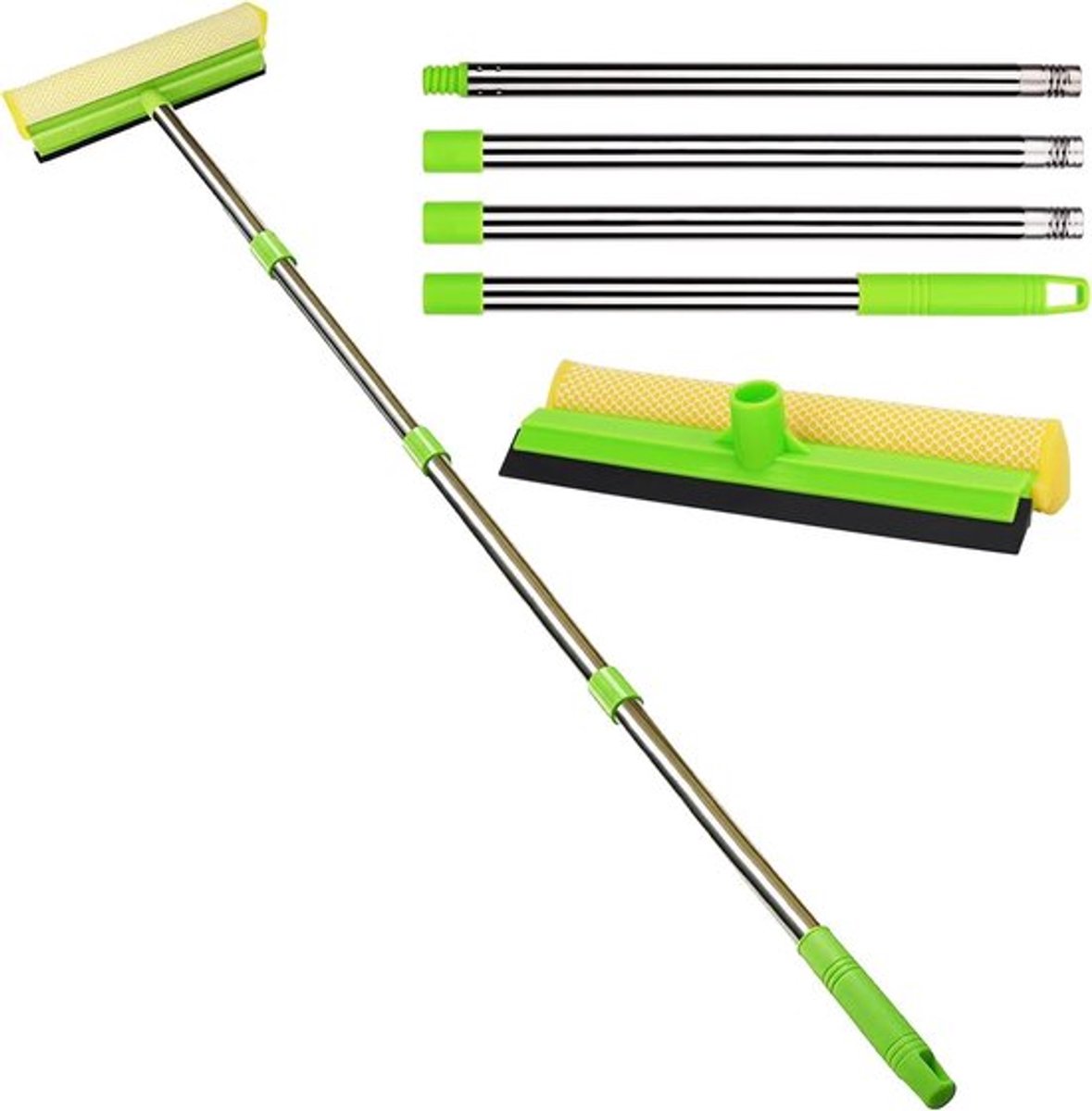 2-in-1 raamreiniger met rakel en spons, telescopische 147 cm stang voor auto, ramen, spiegels & vrachtwagens - reinigingsset met verlengstang