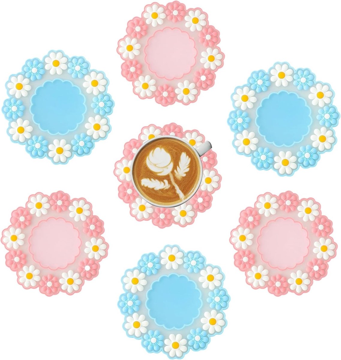 Set van 6 PVC Onderzetters met Daisy Patroon, 10cm Rond, Mooi voor Tafel en Tuin, Waterdicht en Antislip