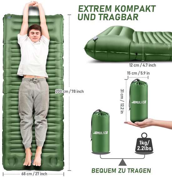 SnelShoppen - Camping zelfopblazend matras 12 cm dik met voetperspomp, ultralicht en waterdicht luchtmatras voor outdoor, wandelen, backpacken en kamp van Snelshoppen — afbeelding 3