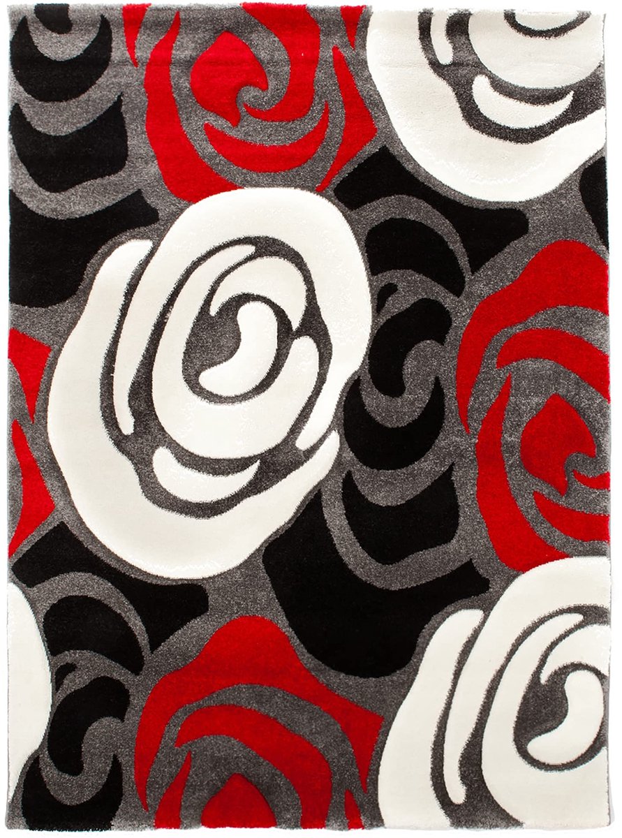 SnelShoppen - Vloerkleed Red Flowers 140x190 cm – Kleurrijk Vloerkleed met Bloemenpatroon voor Huiskamer, Slaapkamer, Kinderkamer en Tuin