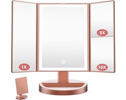 SnelShoppen - Auxmir Make-upspiegel met Verlichting, Dimbare Cosmeticaspiegel met 10X/5X/1X Vergroting, Opvouwbare Spiegel in Roségoud, USB-Oplaadbaar