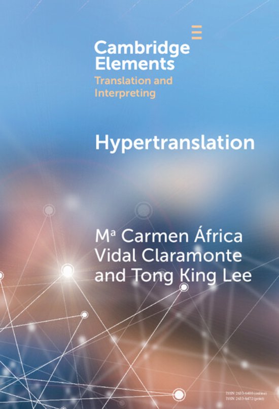 Boekomslag getiteld 'Hypertranslation' door Mª Carmen África Vidal Claramonte en Tong King Lee tegen een blauwe achtergrond.