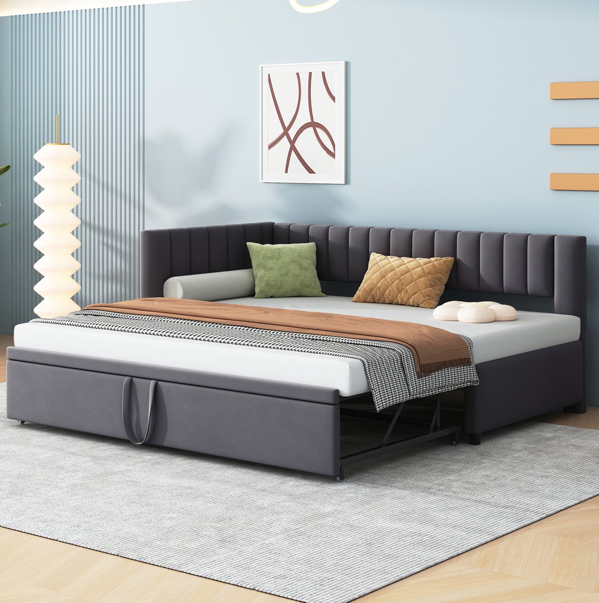 COVREO Slaapbank 90x200 cm grijs stof uitschuifbaar zonder matras