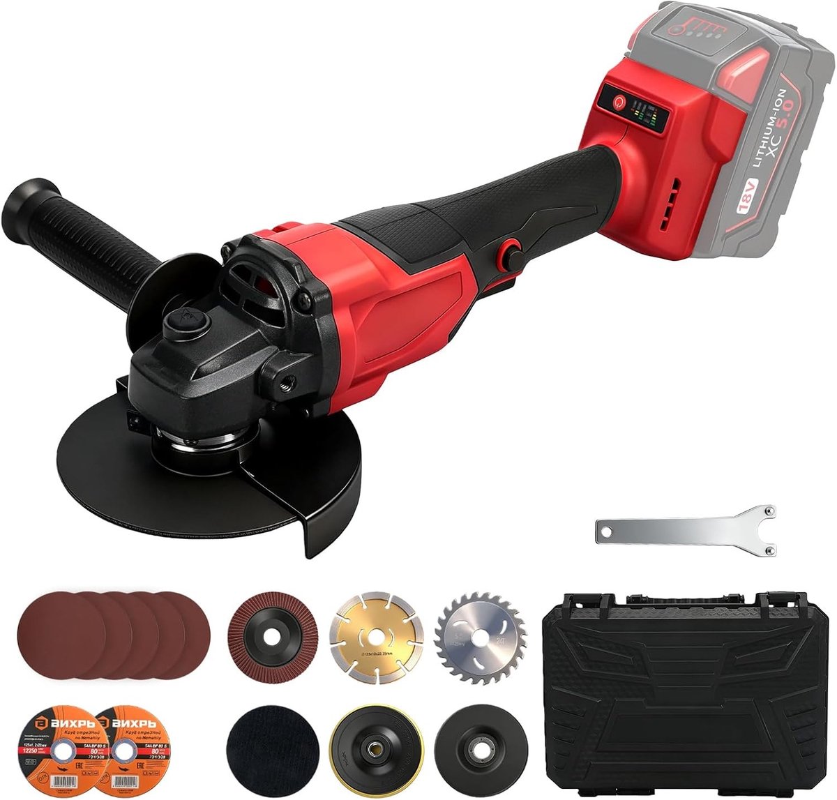 Draadloze haakse slijper van 125 mm, 900 W, 9000 rpm, borstelloze motor, 3 snelheden, met 12 schijven en extra handvat, inclusief kunststof koffer