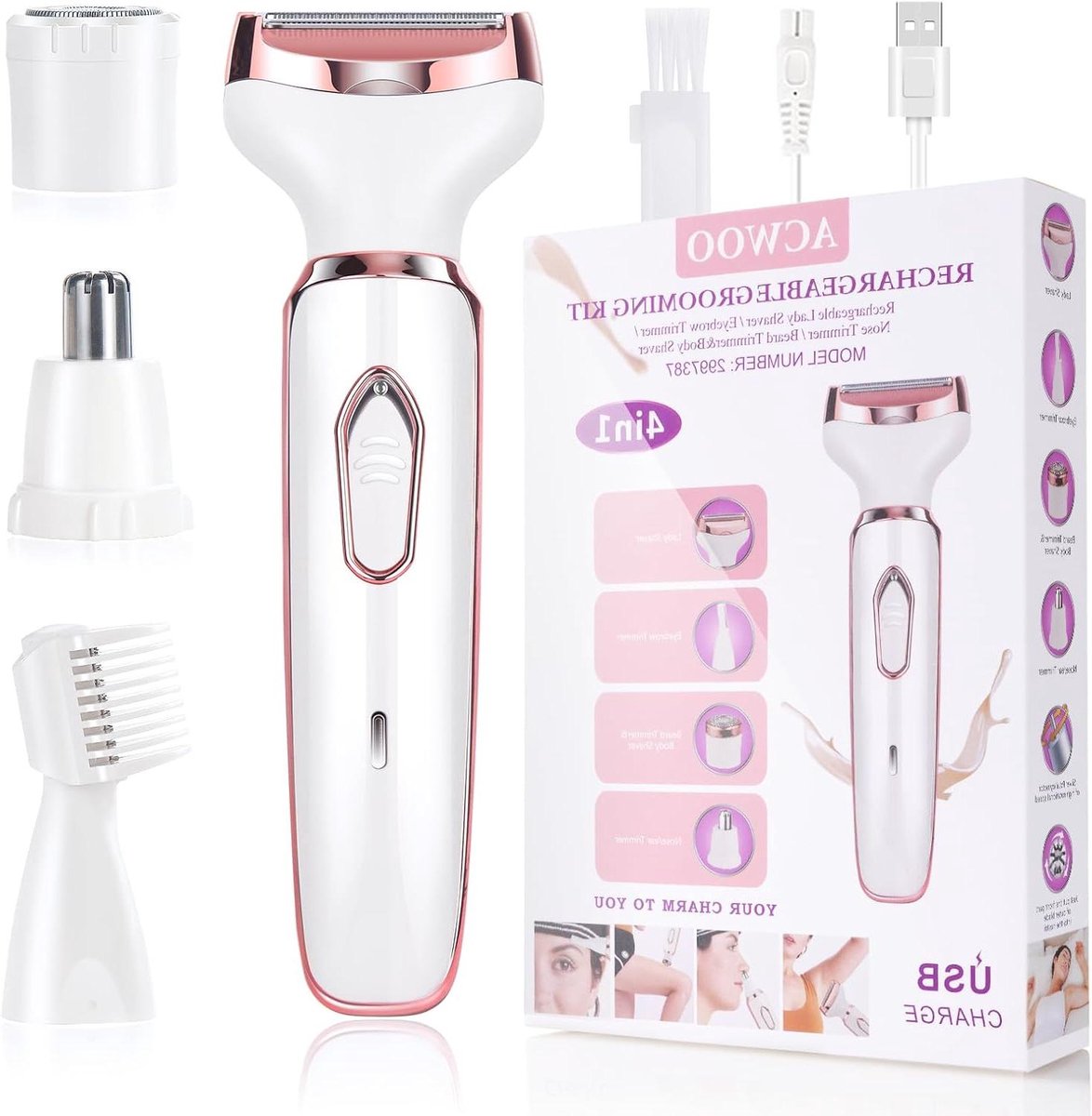 Elektrische Ladyshave - 4-in-1 Ontharingsapparaat - Gladde Huid - Pijnloos en Hypoallergeen - USB Oplaadbaar - Wit