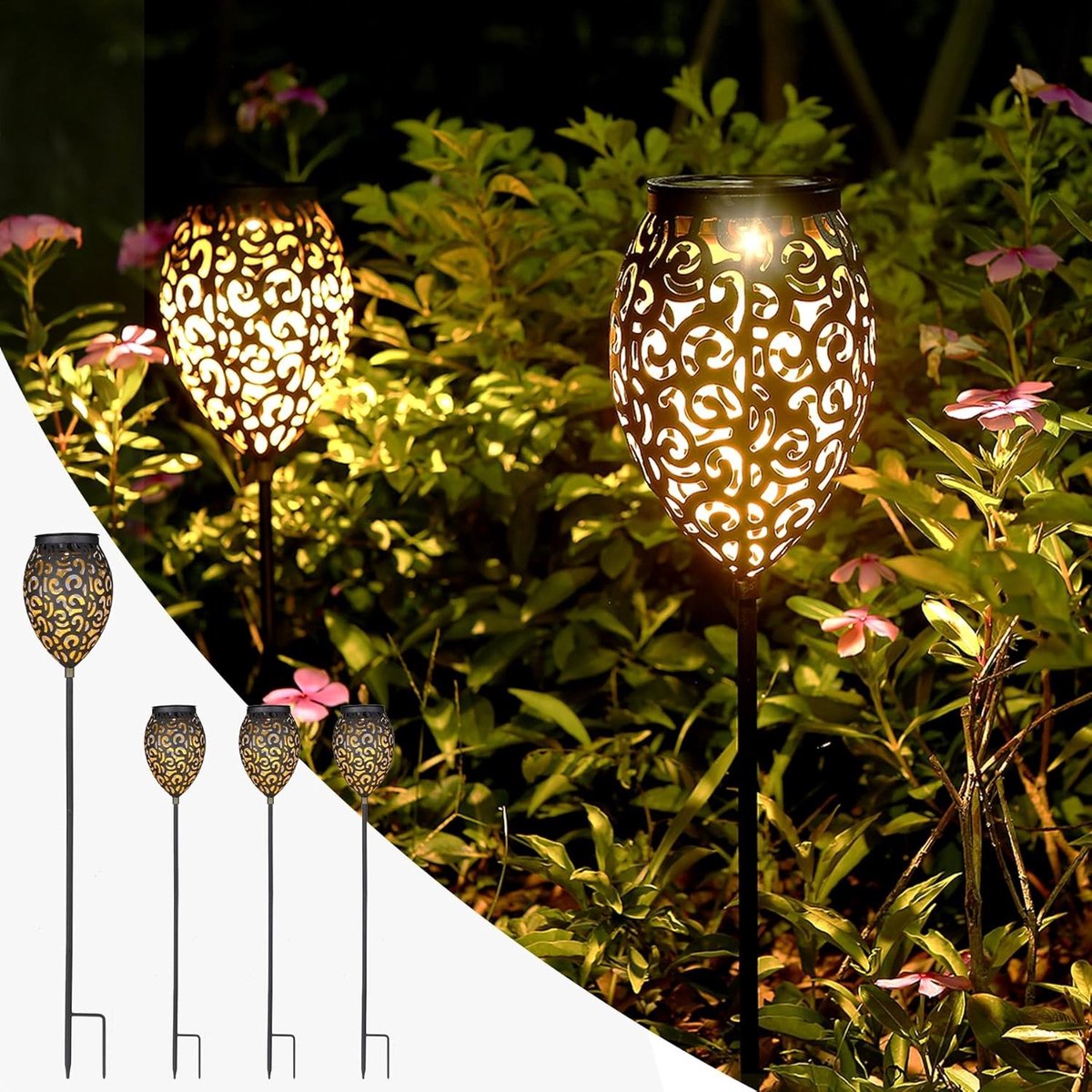 Solar Tuinverlichting LED - 4 Stuks Waterdichte Metalen Solar Lampen voor Buiten met Grondpen - Warm Wit Decoratie voor Patio, Balkon, Pad en Gazon