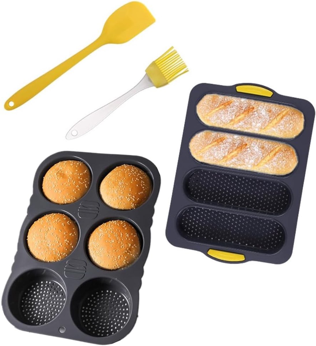 4-delige Silicone Baguette en Burgerbrood Pan Set, Antiaanbak Bakvorm voor Frans Brood en Hamburgerbroodjes met Schraper en Borstel