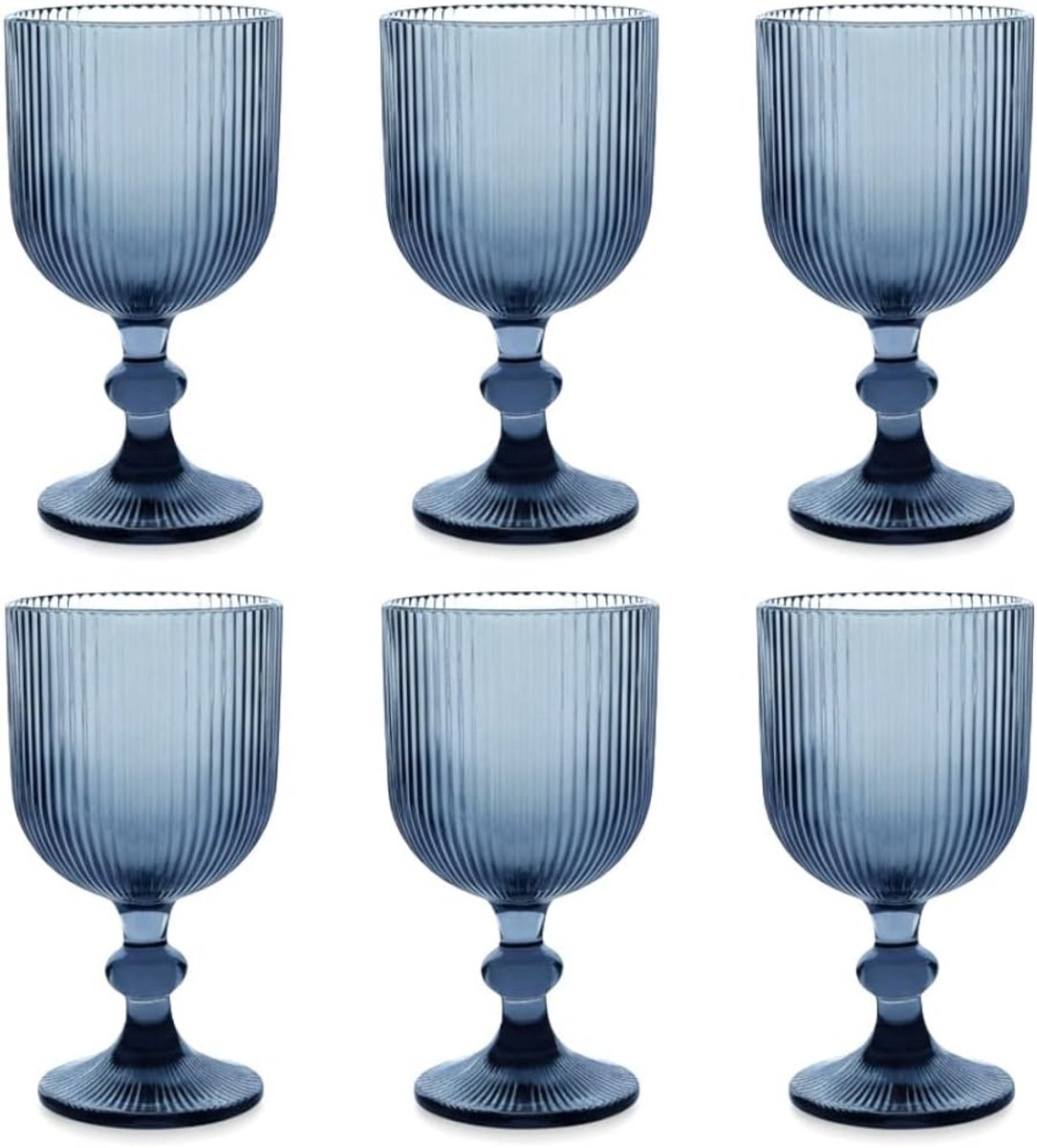 SnelShoppen - Set van 6 geribbelde drinkglazen en wijnglazen, lang drinkglazen en cocktailglazen met reliëf, blauw glas, perfect voor feest, tuin en k