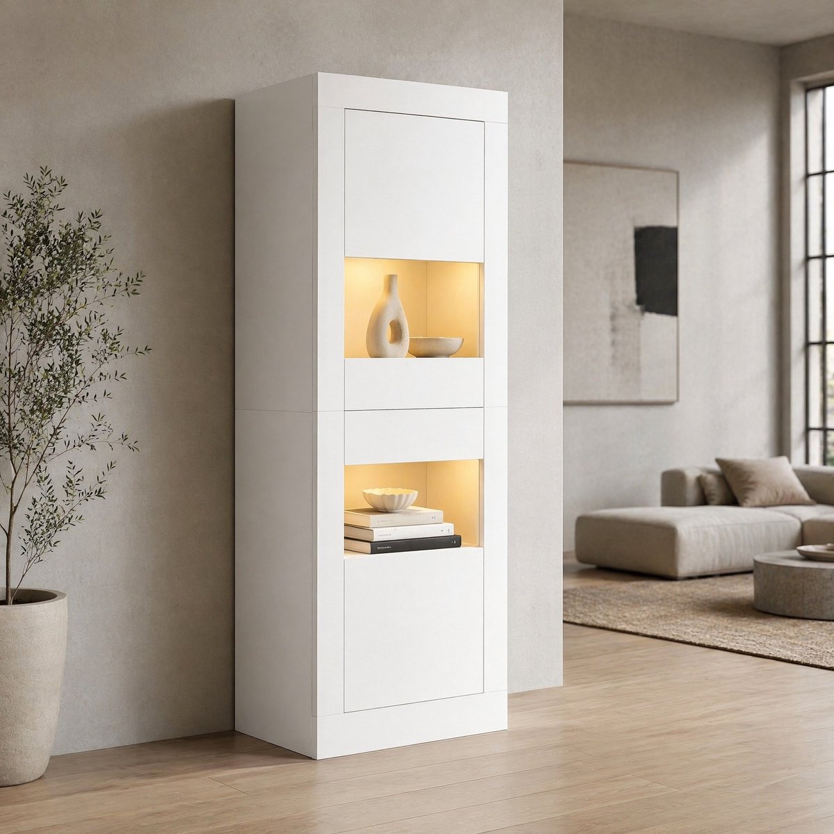 COVREO Buffetkast 61x42x162 cm wit, spaanplaat met LED en glasplanken