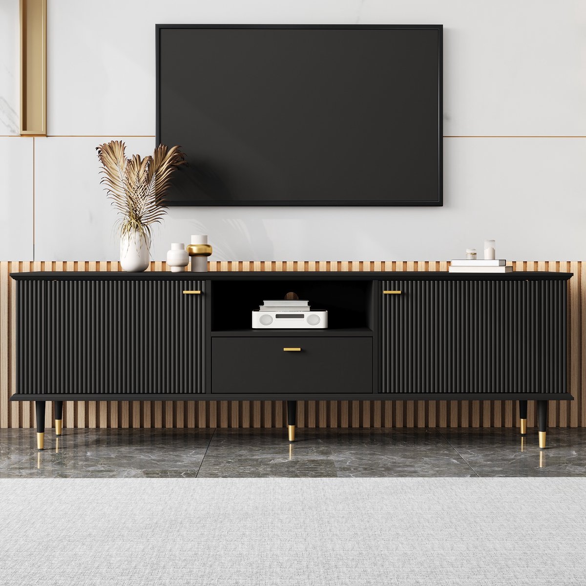 COVREO TV-meubel met 2 deuren en lade – Televisiekast met kabelopeningen – Opbergmeubel voor woonkamer – 170x36x54 cm – Zwart