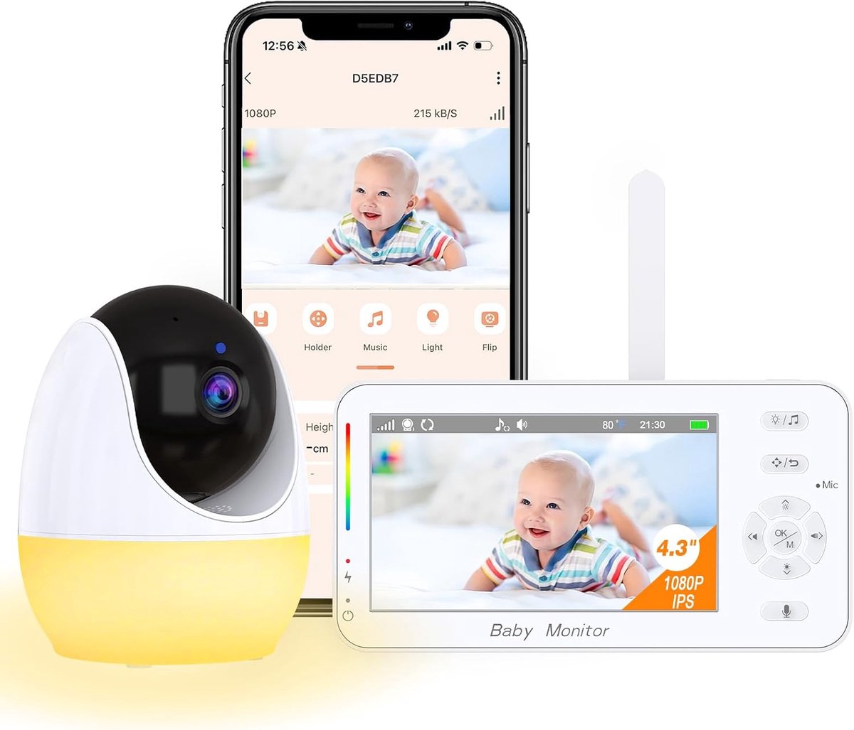 SnelShoppen - Drepint Babyfoon met Camera en App, 4,3 Inch Beeldscherm, Zoom, Nachtzicht, Geluidsdetectie, Huilen en Beweging, Slaapliedjes voor Baby'