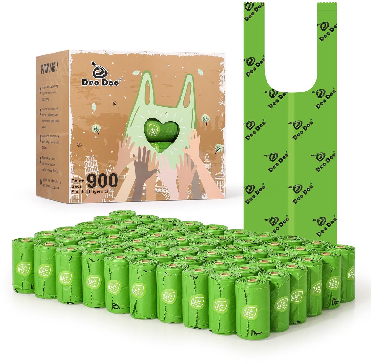 SnelShoppen - Hondenpoepzakjes met handvat, geur van kersenbloesem, 900 stuks, gerecycled, lekvrij, sterke poepzakken voor honden en katten, 60 rollen