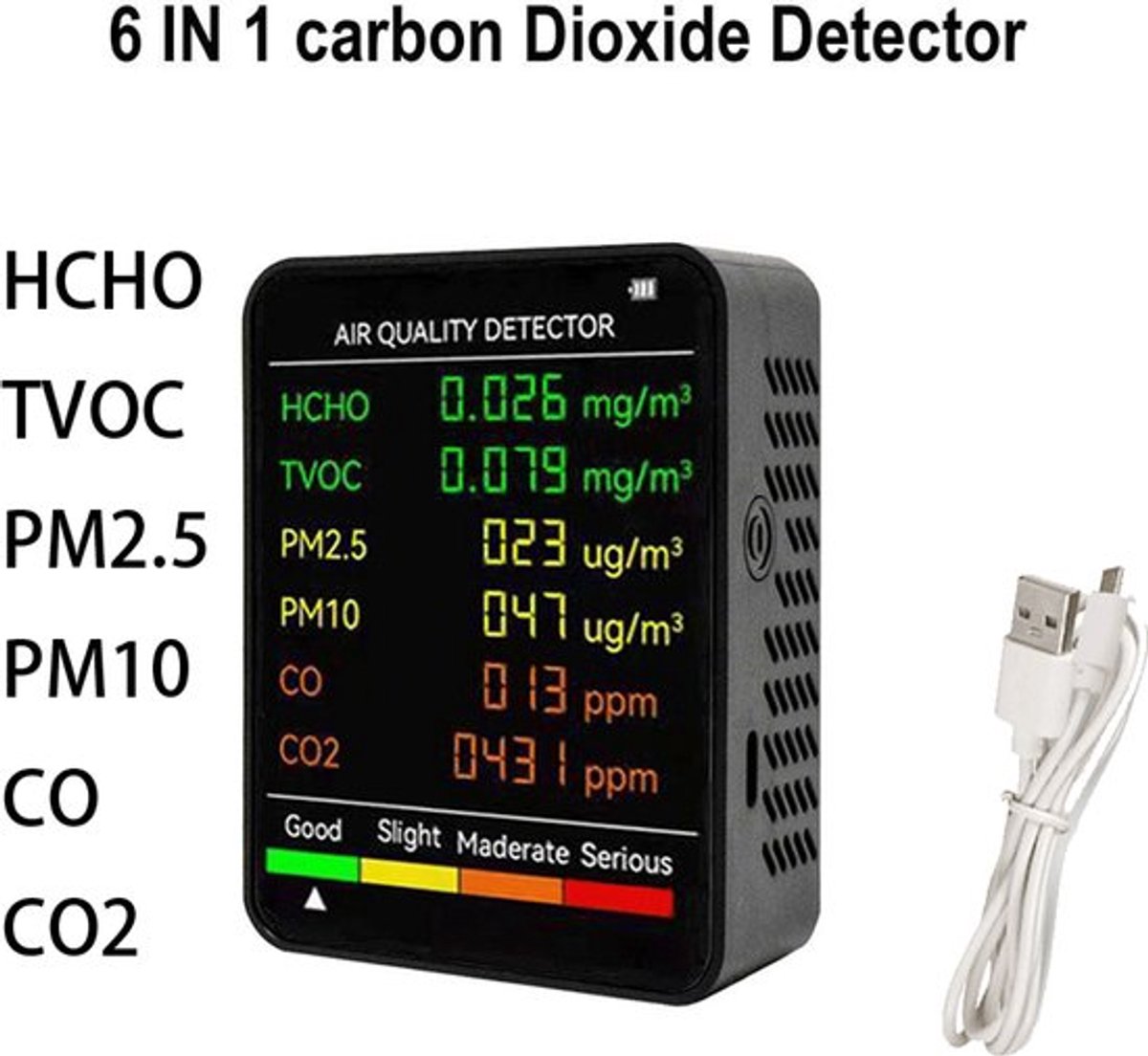 Sogiol® 6-in-1 Luchtkwaliteitsmeters - en formaldehyde-monitor - HCHO, TVOC, PM2.5, PM10, CO, CO2 - Multifunctionele luchtkwaliteitsdetector - Groot LCD-scherm