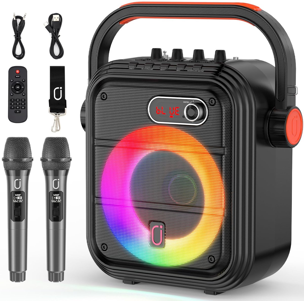 SnelShoppen - JYX Karaoke-Machine met 2 Draadloze Microfoons, Draagbare Bluetooth-Luidspreker met RGB-Licht, Hoogte/Bas PA-Systeem voor Feest, Camping