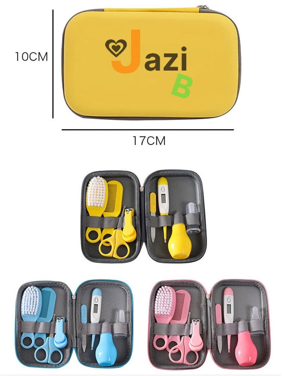 SnelShoppen - Babyverzorging 8-in-1 verzorgingsset voor pasgeborenen, blauw, geel, roze reisetui met nagelknipper, haarborstel, kam, thermometer en me