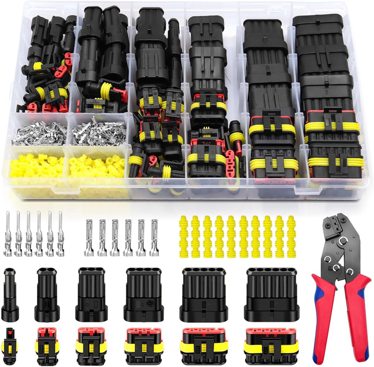 SnelShoppen - Autostekkerset 808 Stuks, Waterdichte Auto-Connectoren met Krimptang, 1-6 Polig Superseal Stekker voor Tractor, Auto, Vrachtwagen, Boot,