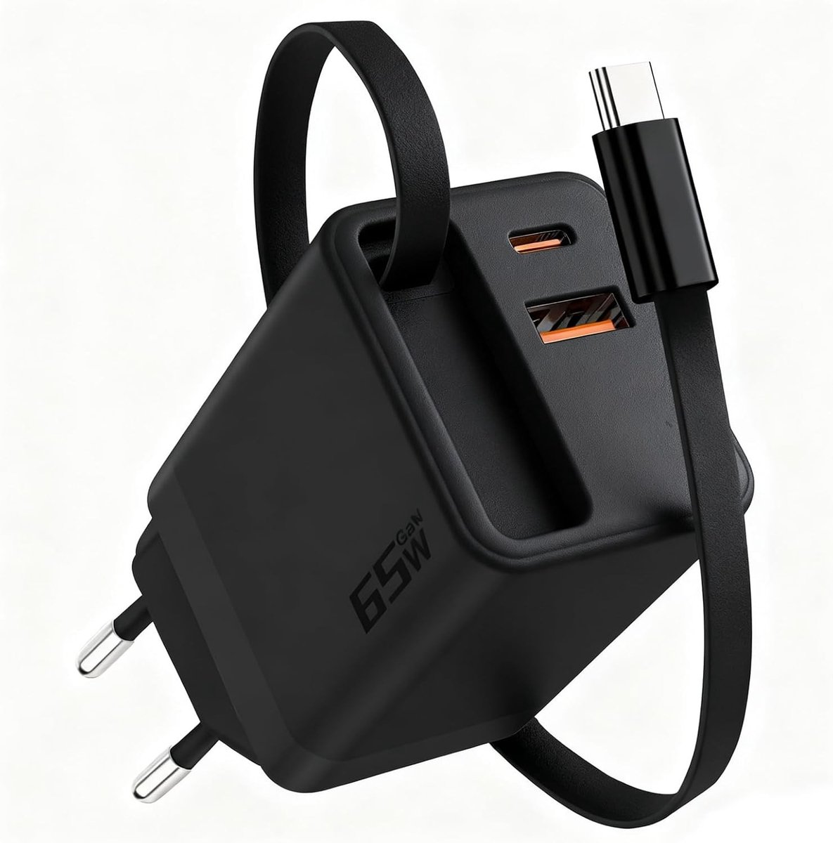 65W USB C Oplader met Uittrekbare Kabel voor Snelle en Efficiënte Oplaadervaring, Zwart