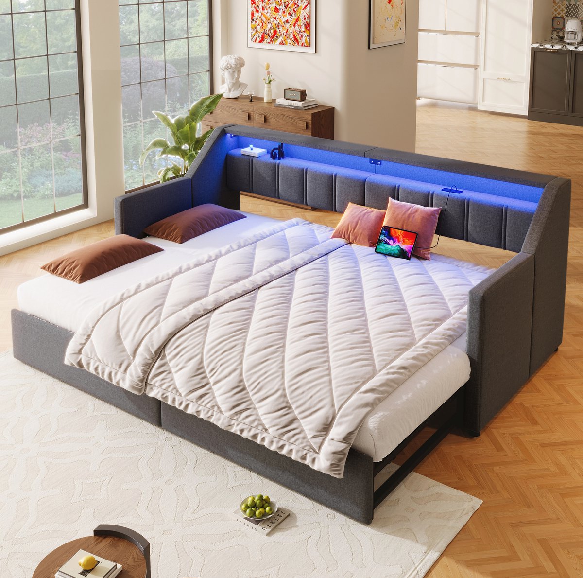 COVREO Bedbank 90x200 cm grijs, stof en MDF, LED, opbergruimte, zonder matras