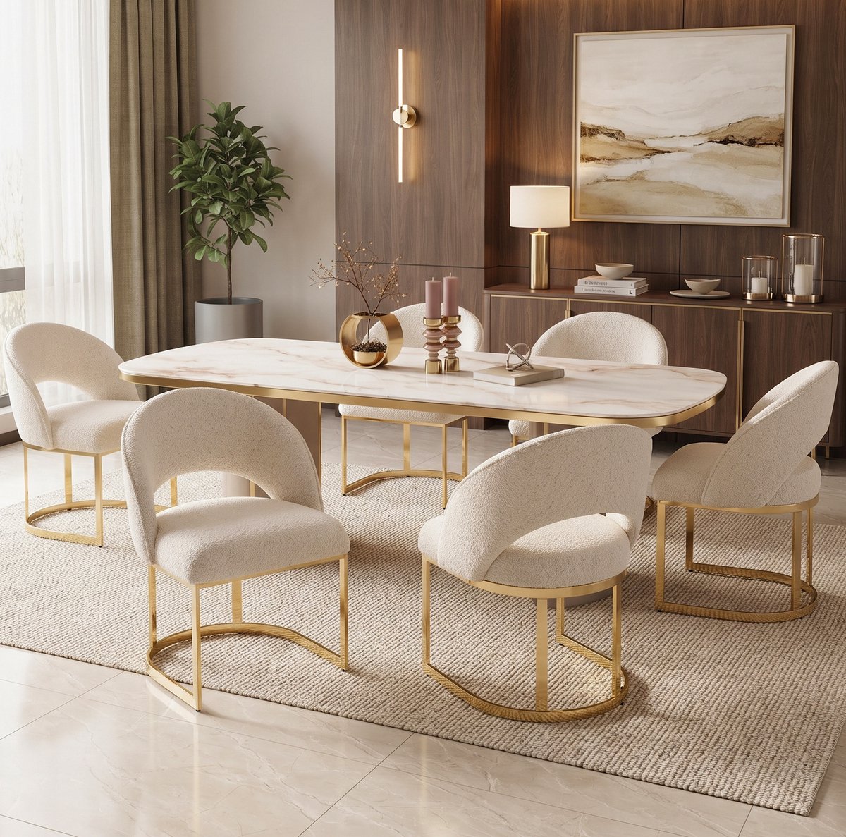 HAUSS SPOLE Eetkamerstoel - Bouclé Design - Set Van 6 - Comfortabel Met Gebogen Rugleuning En Gouden Metalen Poten - Voor Eetkamer, Woonkamer En Café - Beige Goud