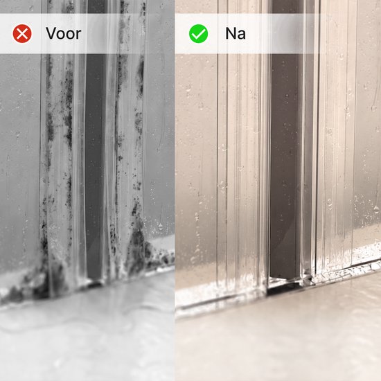 Vergelijking van een douchedeur 'Voor' en 'Na' met de strip. Voor: schimmel. Na: schoon.