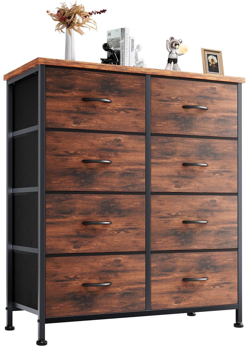 SnelShoppen - Hoge Commode Organizer met 8 Stoffen Laden voor Kinderkamer - Opbergtoren van Hout en Metaal - Lichte Kleur en Ideaal voor Kleding en Sp