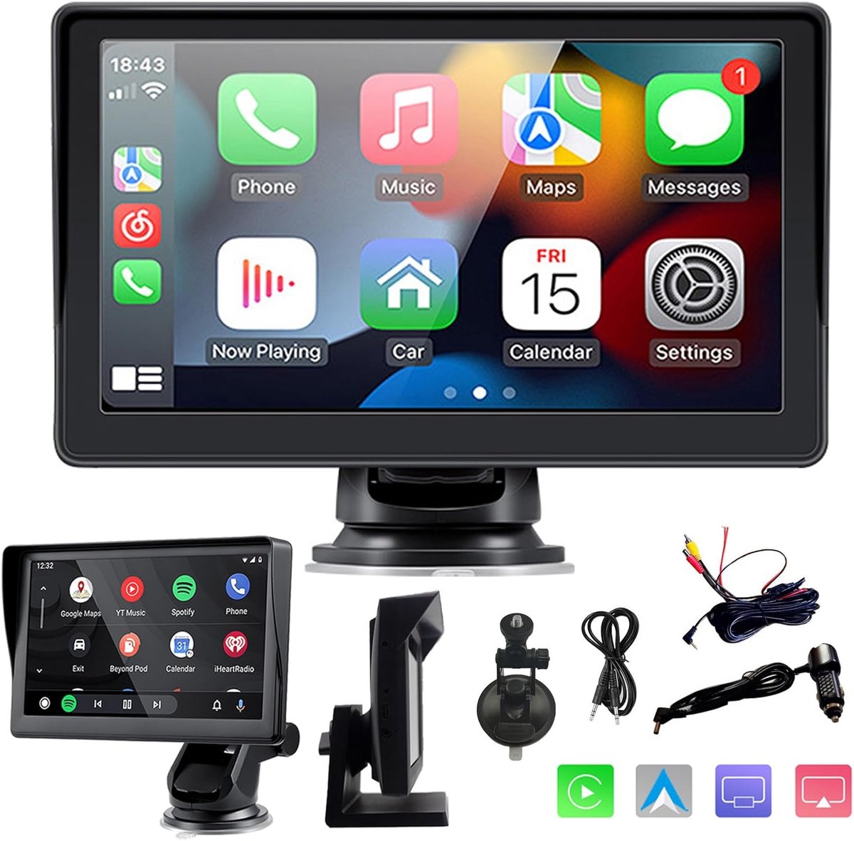 SnelShoppen - Draadloze Carplay & Android Auto Scherm, 7 inch Draagbare Auto Stereo met IPS Touchscreen, 1080p Backup Camera, Bluetooth/AUX/FM-zender