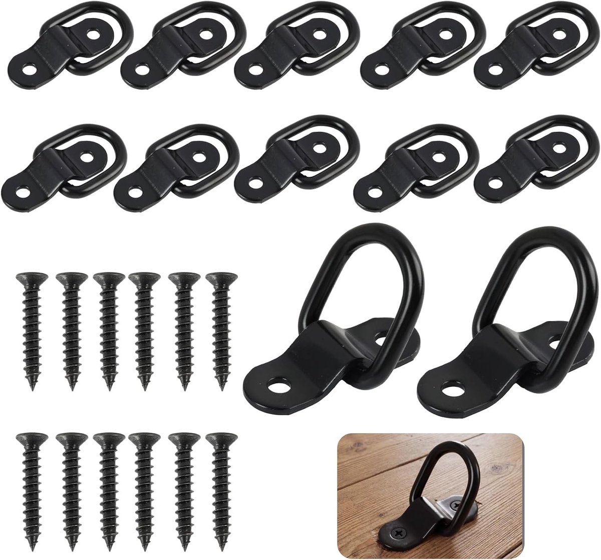 Set van 12 D-ring bevestigingsogen met 24 schroeven voor zware belasting, ideaal voor ladingbeveiliging in auto's, kajaks en aanhangers, robuust en betrouwbaar.