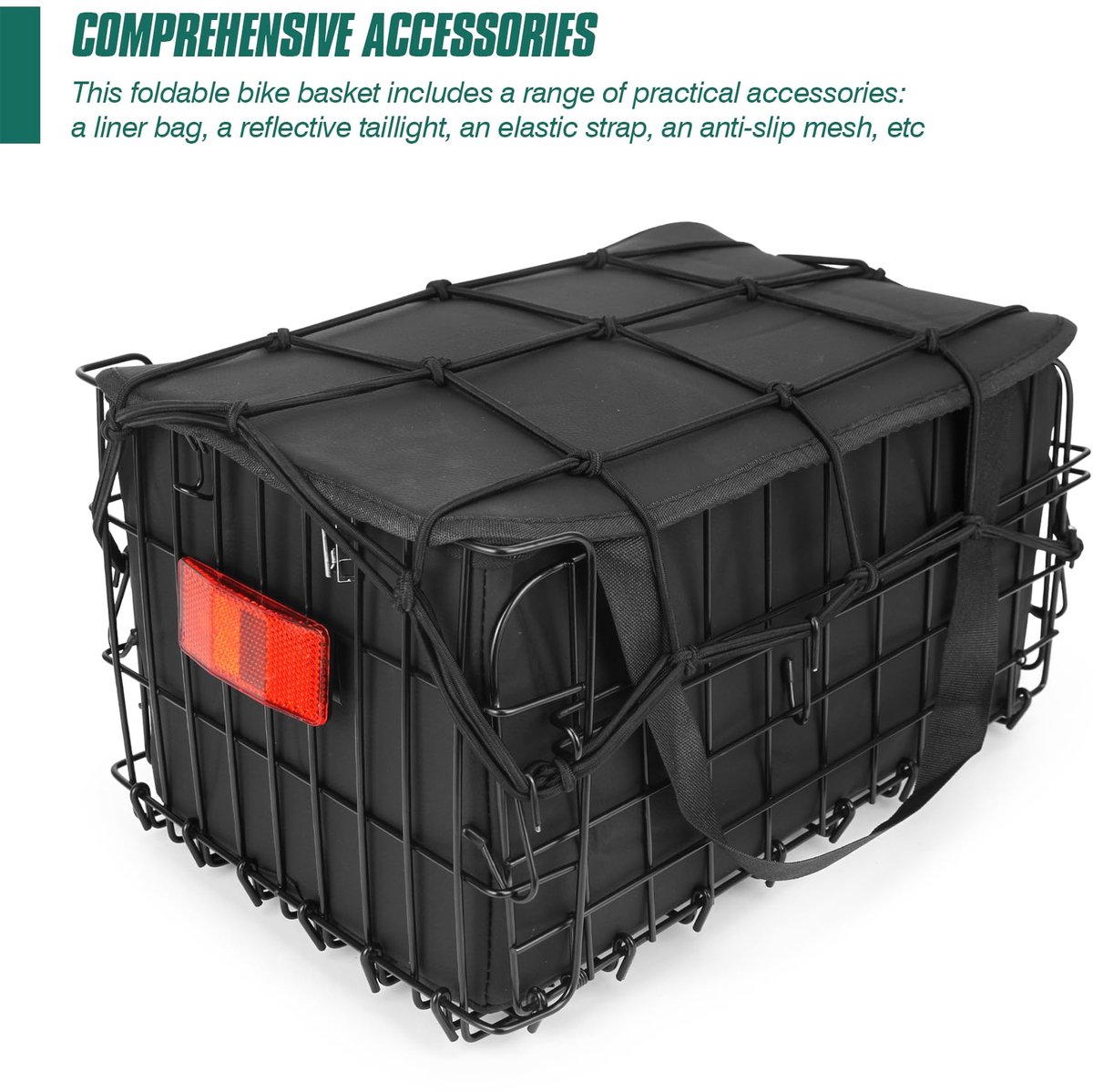 SnelShoppen - Opvouwbare Achter Fietsmand Staaldraad met Zwarte PU Liner Tas en Elastische Cargo Net - Quick Release Ontwerp voor Boodschappen, Fietse