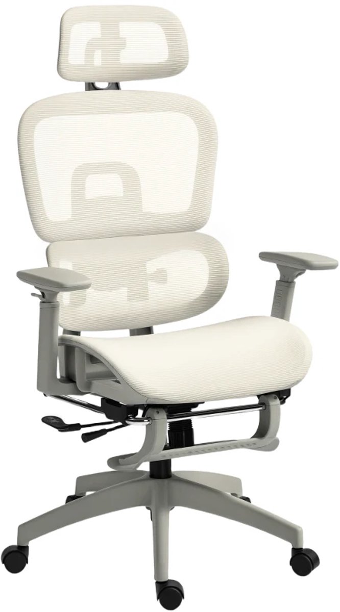 Ergonomische Bureaustoel met Mesh-bekleding - 135° Kantelbare Rugleuning - Verstelbaar - Verplaatsbaar - met Armleuningen & Hoofdsteun - Kantoorstoel - Gamestoel - Volwassenen Stoel - Computerstoel - Beige