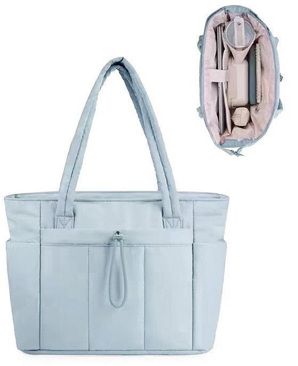 Dameshandtas, gewatteerd, laptoptas, schoudertas, grote capaciteit met meerdere vakken, geschikt voor werk en reizen, lichtblauw.