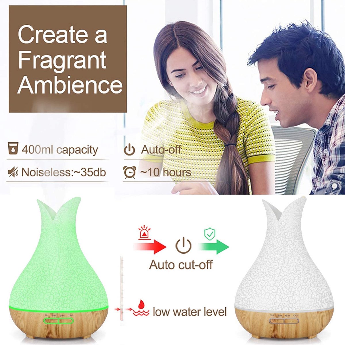 SnelShoppen - Aromadiffuser 400ml, Luchtbevochtiger met 4 Timerinstellingen, Aromatherapie Diffuser voor Kamer, Waterloos, Automatische Uitschakeling,