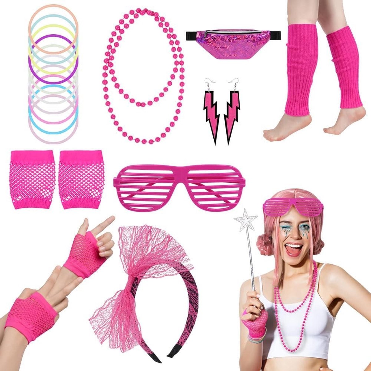 80s Neon Fancy Dress Kostuum Accessoires Set - 8 Delige Retro Themaparty Outfit met Handschoenen, Ketting, Armband, Zonnebril, Heuptas, Oorbellen, Beenwarmers en Haarband voor Feestjes