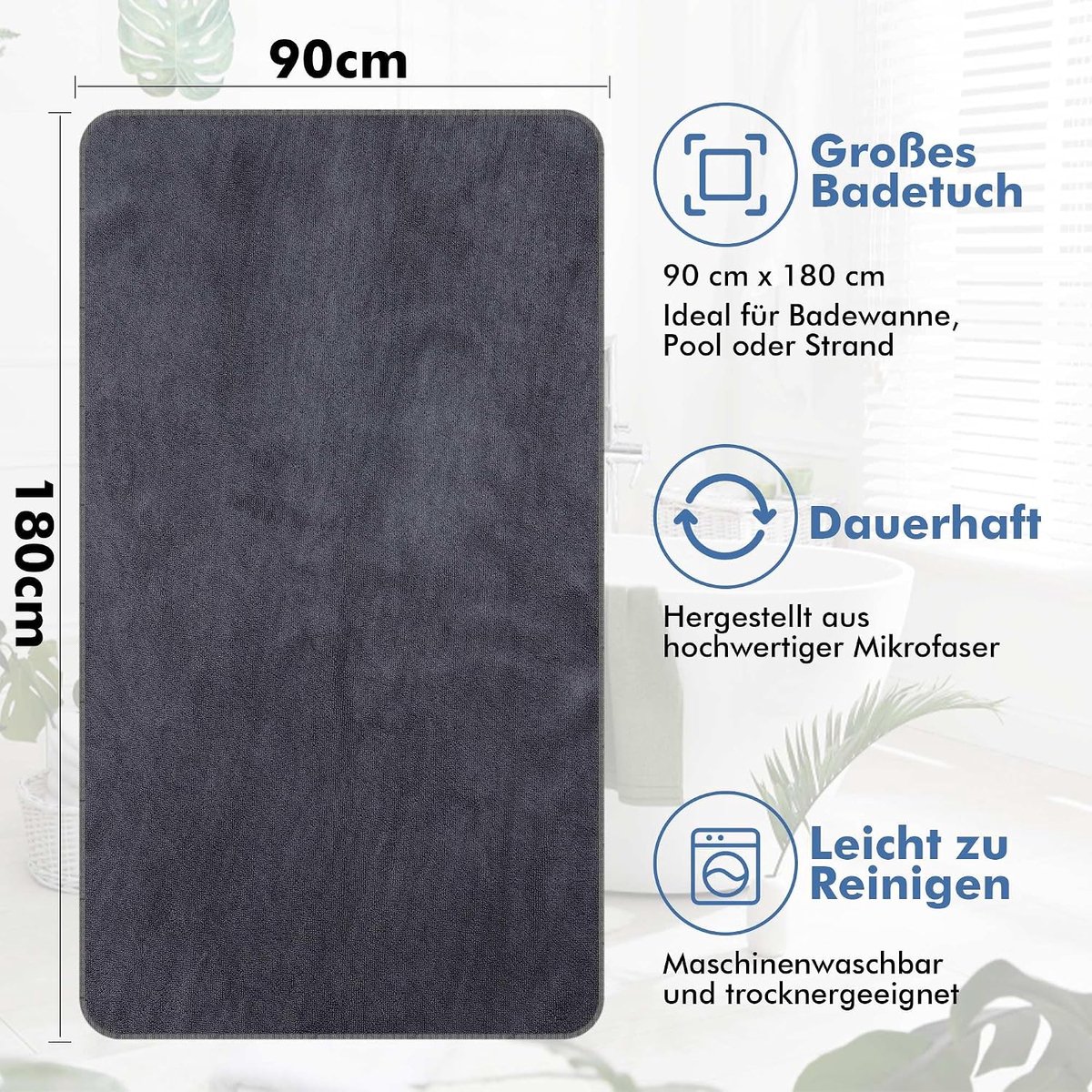 Badhanddoeken afmetingen 90 x 180 cm (donkergrijs, 90 x 180 cm) - ShopVlot