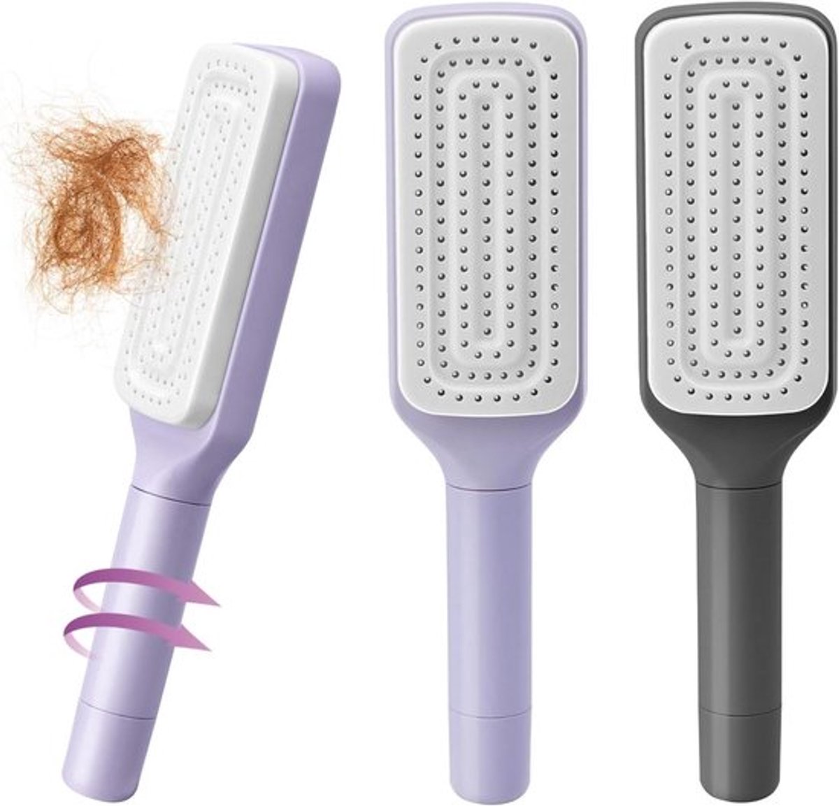 Zelfreinigende haarborstels voor vrouwen - Luchtmassagekammen - Draaibare telescopische kam - Gemakkelijk kammen en reinigen - Set van 2 met reinigingskam - Paars en grijs.