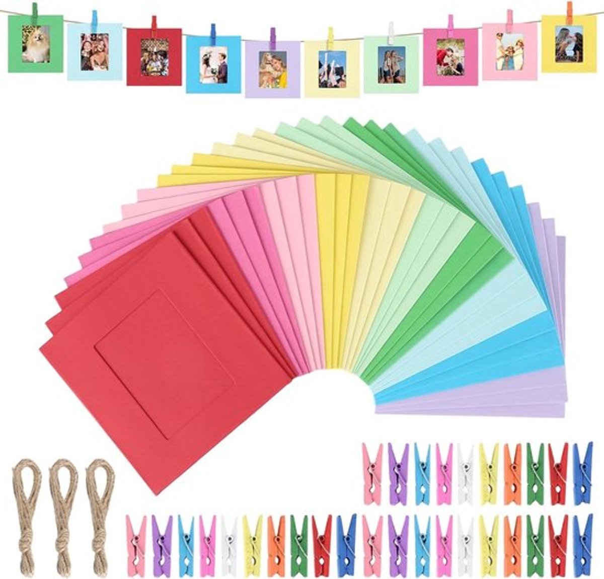 Papieren fotolijsten voor fotoslinger - set van 30 stuks - 9 x 9,5 cm - kleurrijk - houten klemmen - henneptouw - thuis, kantoor, school - wanddecoratie - 10 kleuren