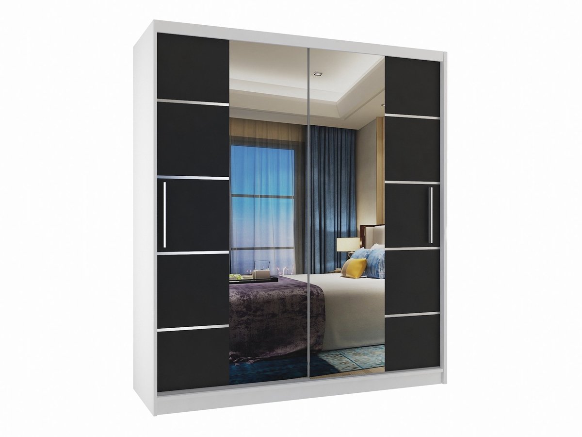BELINI Verona ME Schuifdeurkast 133 cm Wit/Zwart Mat - Kledingkast met Spiegel - Comfort Line Slaapkamerkast