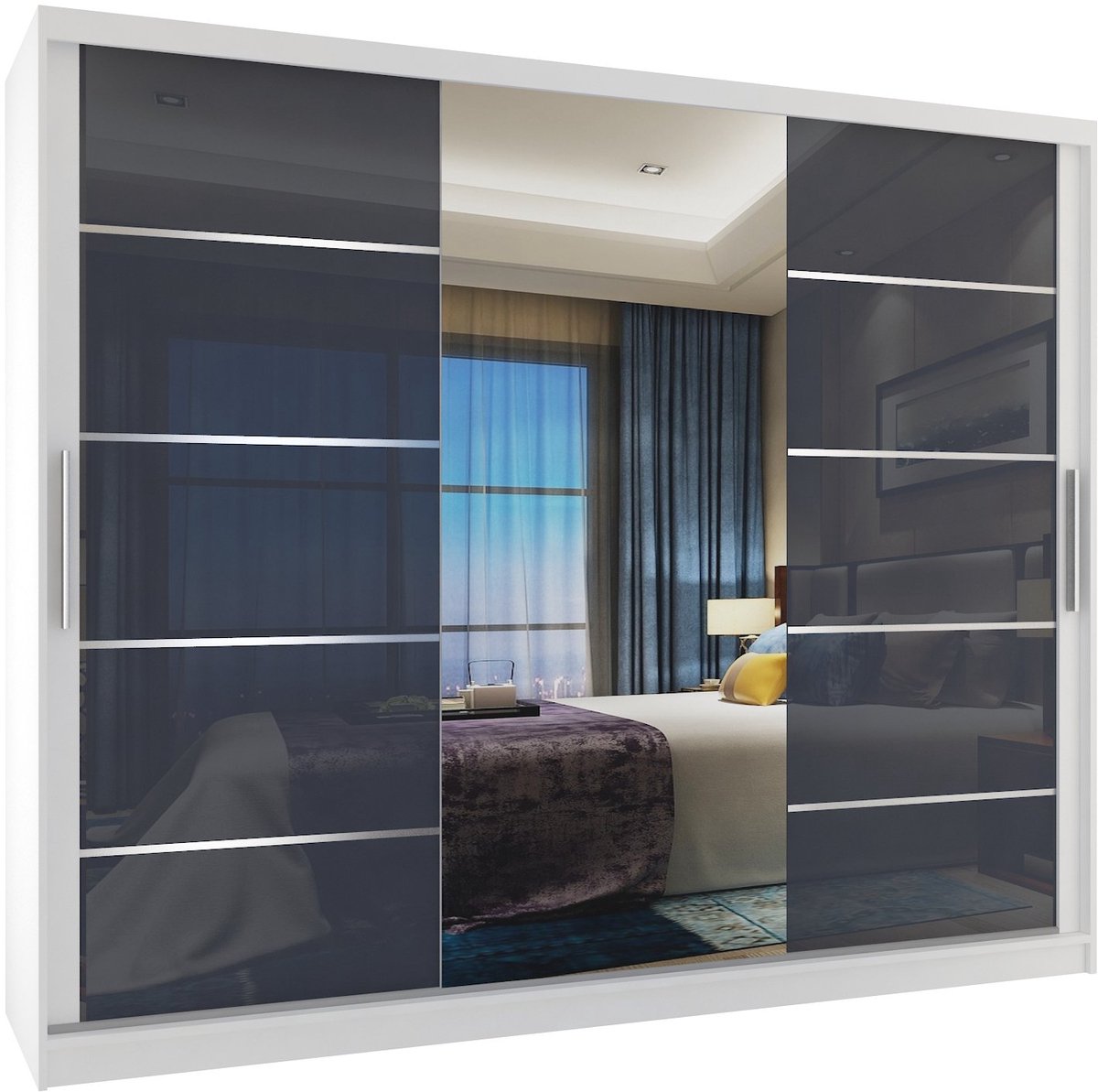 BELINI Verona MGB Schuifdeurkast 232 cm Wit/Grijs Hoogglans - Kledingkast met Spiegel - Comfort Line Hoogglans