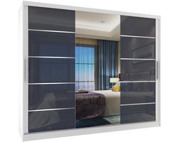 BELINI Verona MGB Schuifdeurkast 232 cm Wit/Grijs Hoogglans - Kledingkast met Spiegel - Comfort Line Hoogglans
