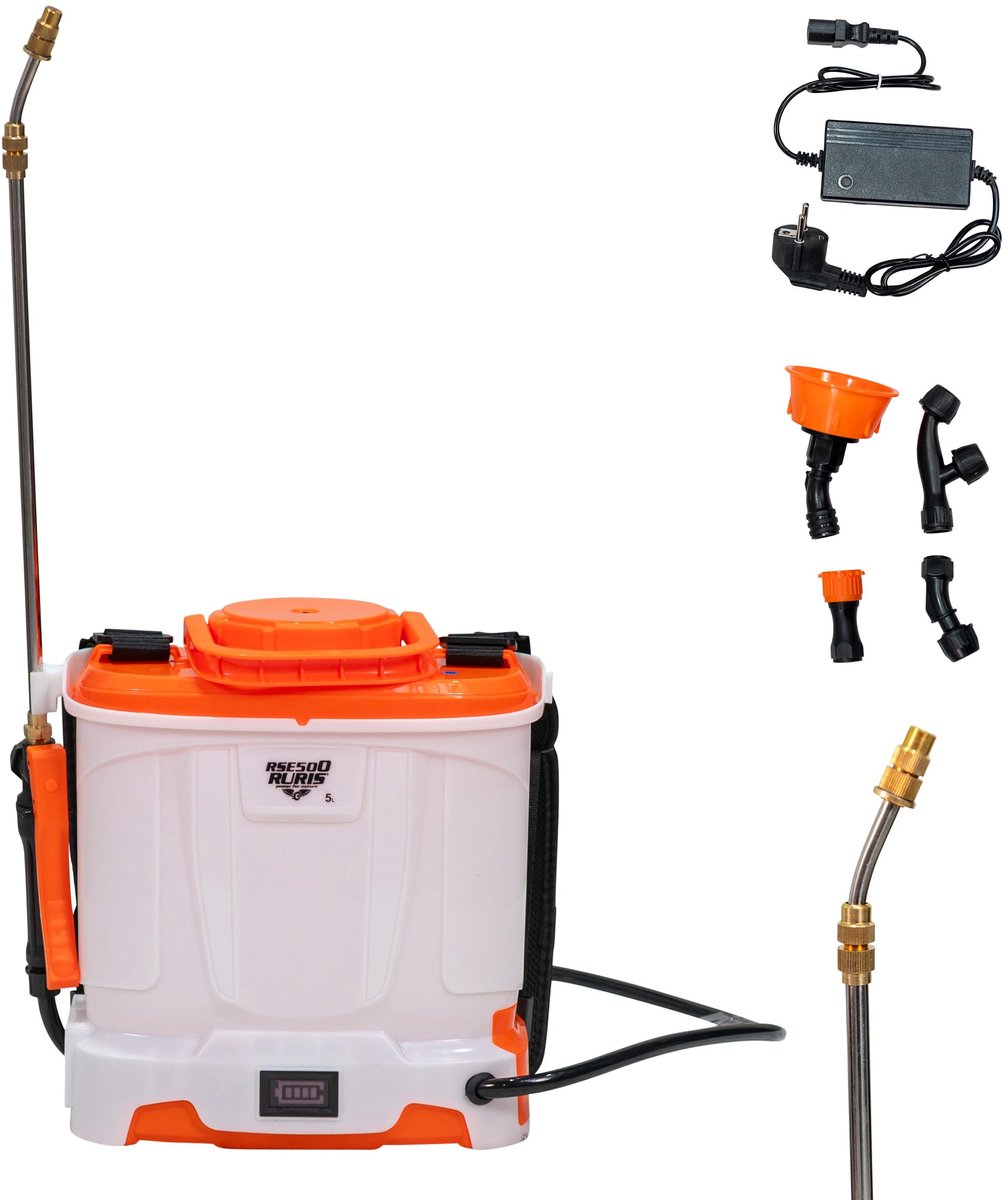 SnelShoppen - Elektrische Sproeier RSE 500 - 5L Tank, 12V Accu, 4U Looptijd, Metalen Lans & 4 Sproeiers - Ideaal voor Tuin, Camping en Feesten